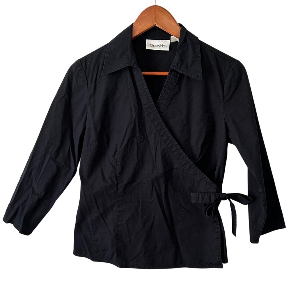 Chadwick's Black 3/4 Sleeve Wrap Blouse Button Snap‎ Tie No Size Read Measure
